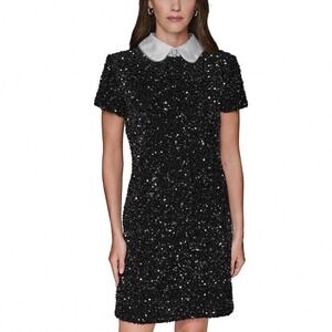 Karl Lagerfeld Paris Sequinned Collared Dress Black White Size 8‎ L5PBV939